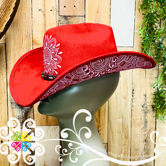 Red Mitla Cowboy Velvet Hat - Hand Painted Hat