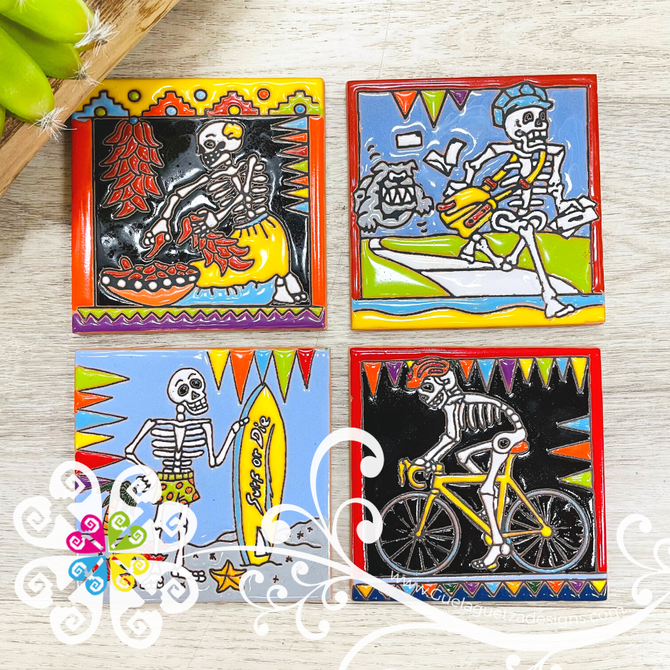 Set of 4 Day of the Dead Coaster Set -  Set of Clay Coasters