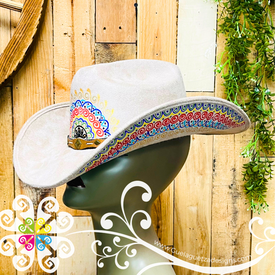 Khaki Mitla Cowboy Velvet Hat - Hand Painted Hat