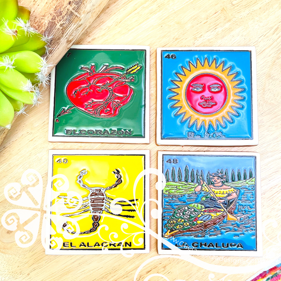 Set of 4 Mexican Loteria Coaster Set -  Set of Clay Coasters