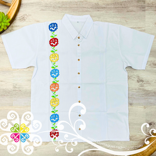 White Tehuana Flowers  - Embroider Men Shirt