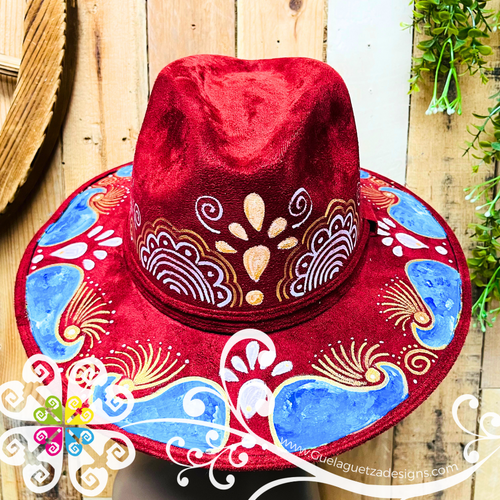 Burgandy Indiana Mitla Velvet Hat - Hand Painted Hat