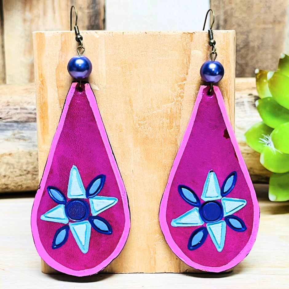 Flower Drop Hand Painted - Artisan Leather Earrings