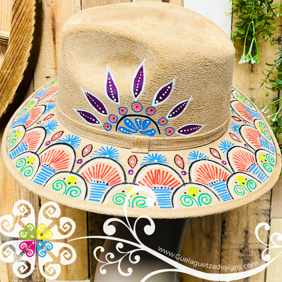 Tan Indiana Mitla Velvet Hat - Hand Painted Hat