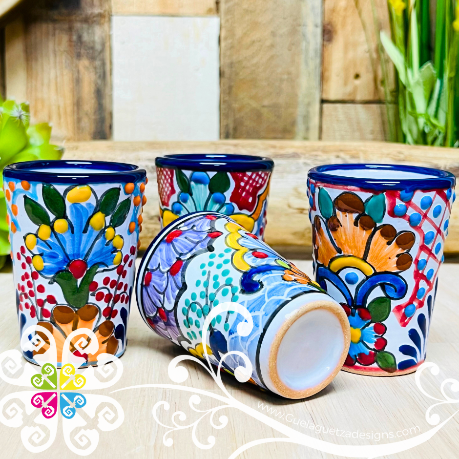 Set of 4 Floral Talavera Tequilero - Blue Feathers