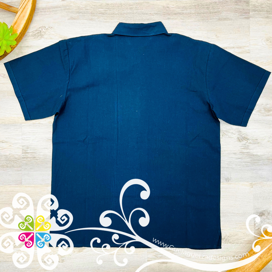 Navy Blue Tehuana Flowers - Embroider Men Shirt