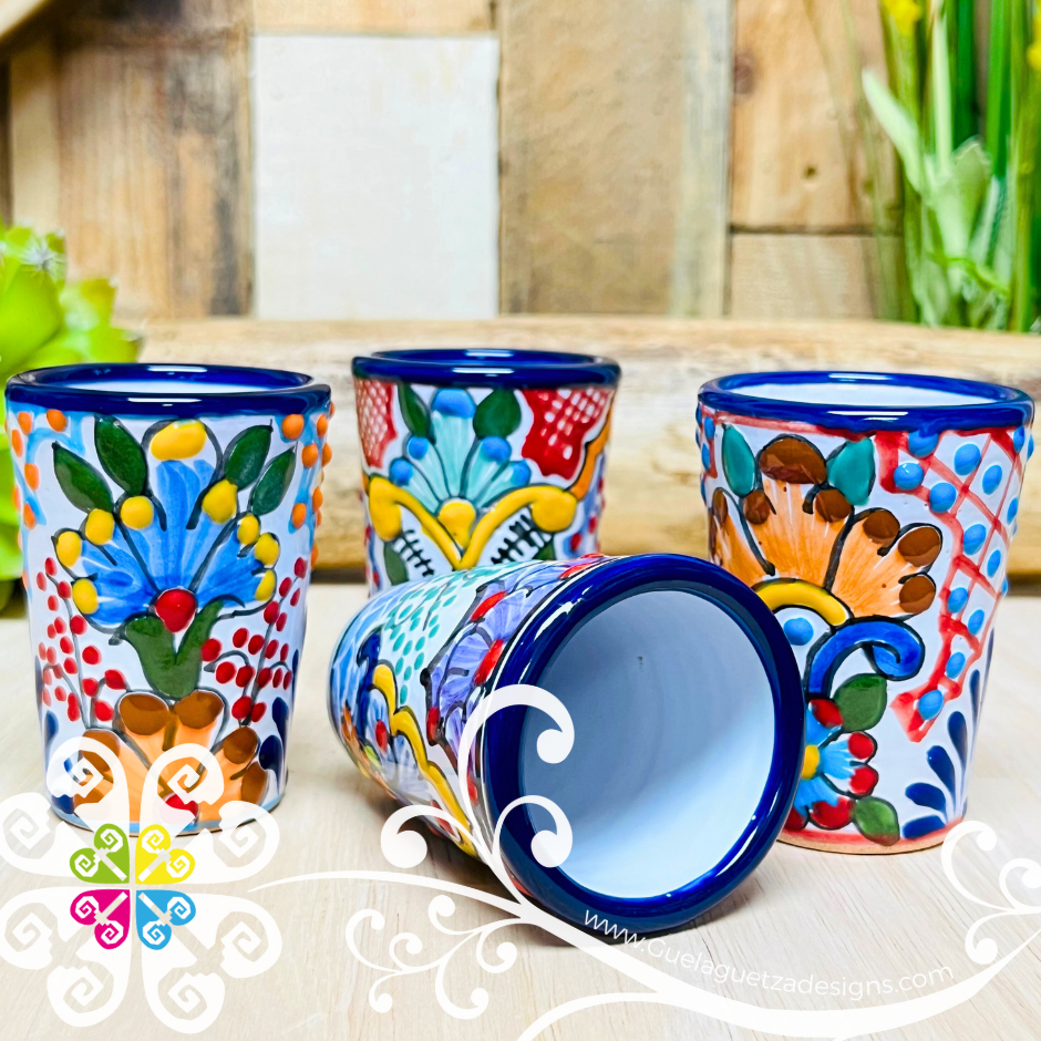 Set of 4 Floral Talavera Tequilero - Blue Feathers