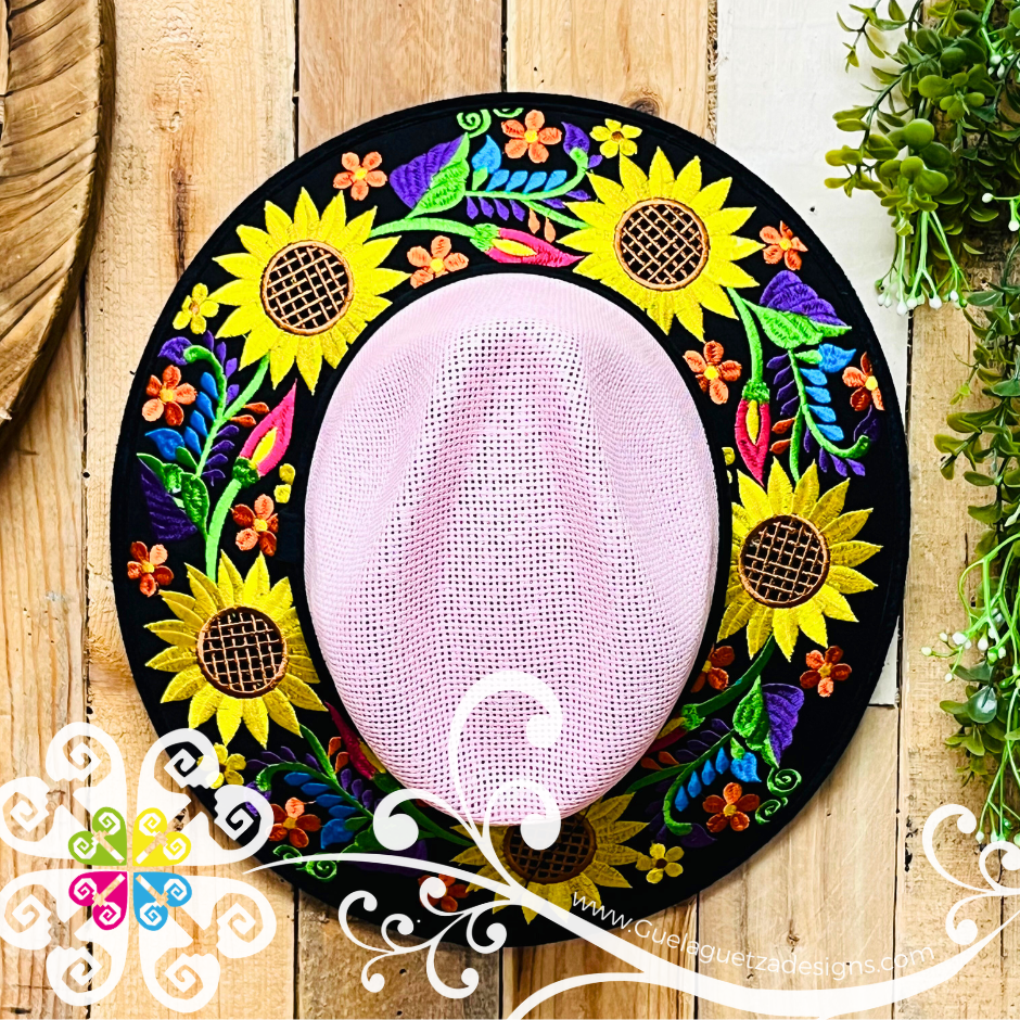 Light Pink Embroider Summer Hat - Black Floral Rim