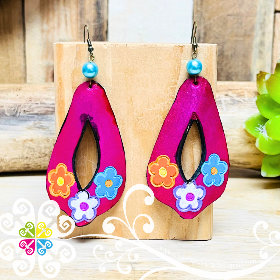 Tri Flower Hand Painted - Artisan Leather Earrings