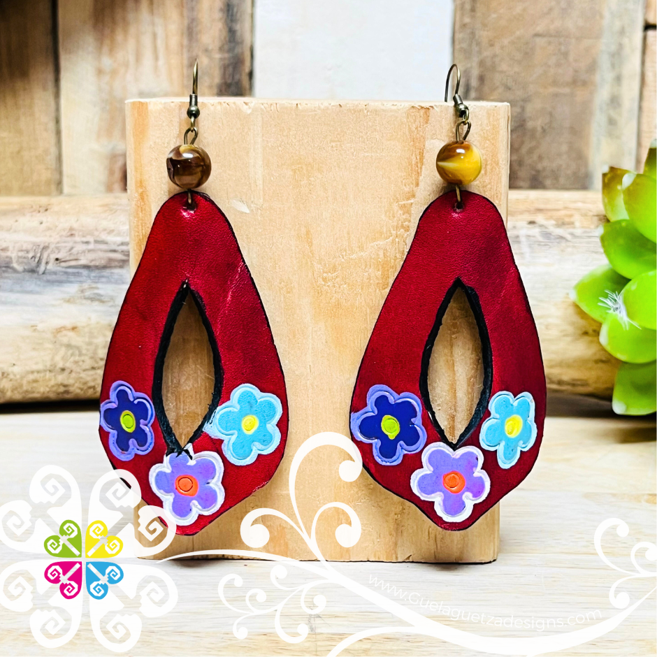 Tri Flower Hand Painted - Artisan Leather Earrings