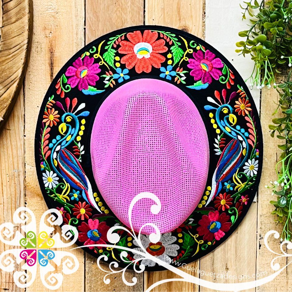 Pink Embroider Summer Hat - Black Floral Rim