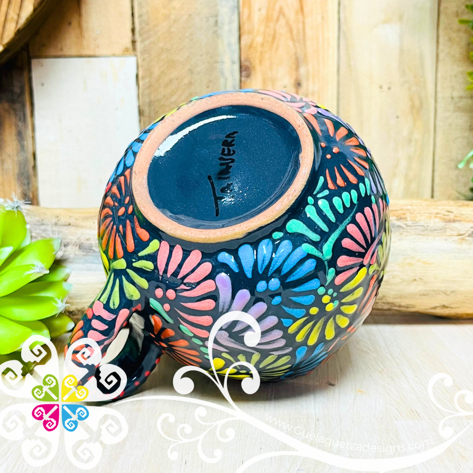 Large Round Corazon Black Multicolor Talavera Mug  - Single Talavera Mug