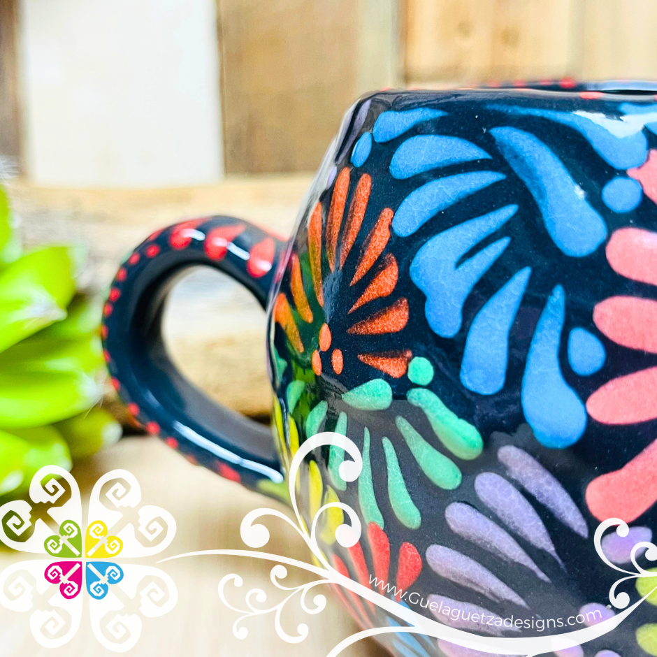 Large Round Corazon Black Multicolor Talavera Mug  - Single Talavera Mug