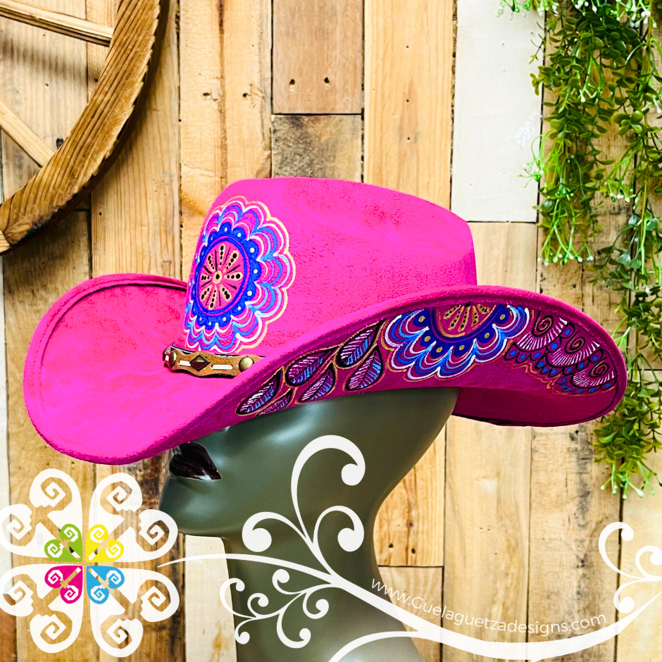 Fuchsia Mitla Cowboy Velvet Hat - Hand Painted Hat