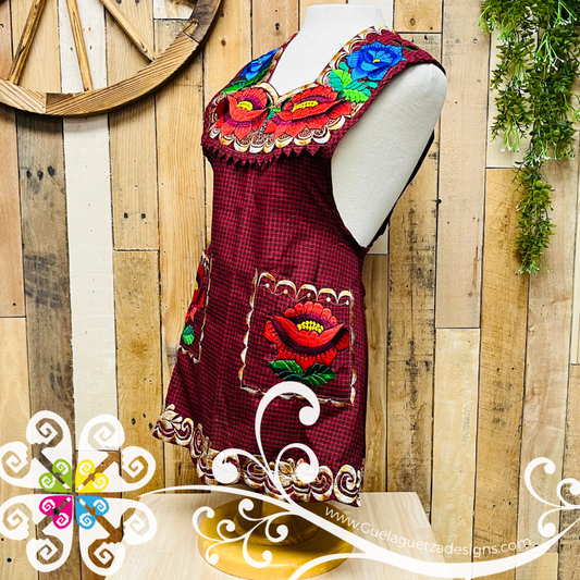 Maroon Big Flower Embroider Apron - Mandil Artesanal