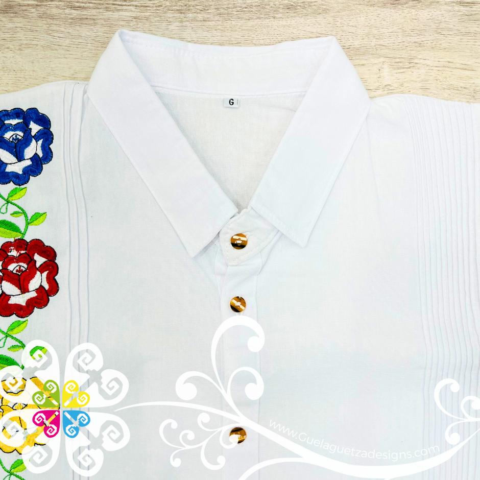 White Tehuana Flowers  - Embroider Men Shirt