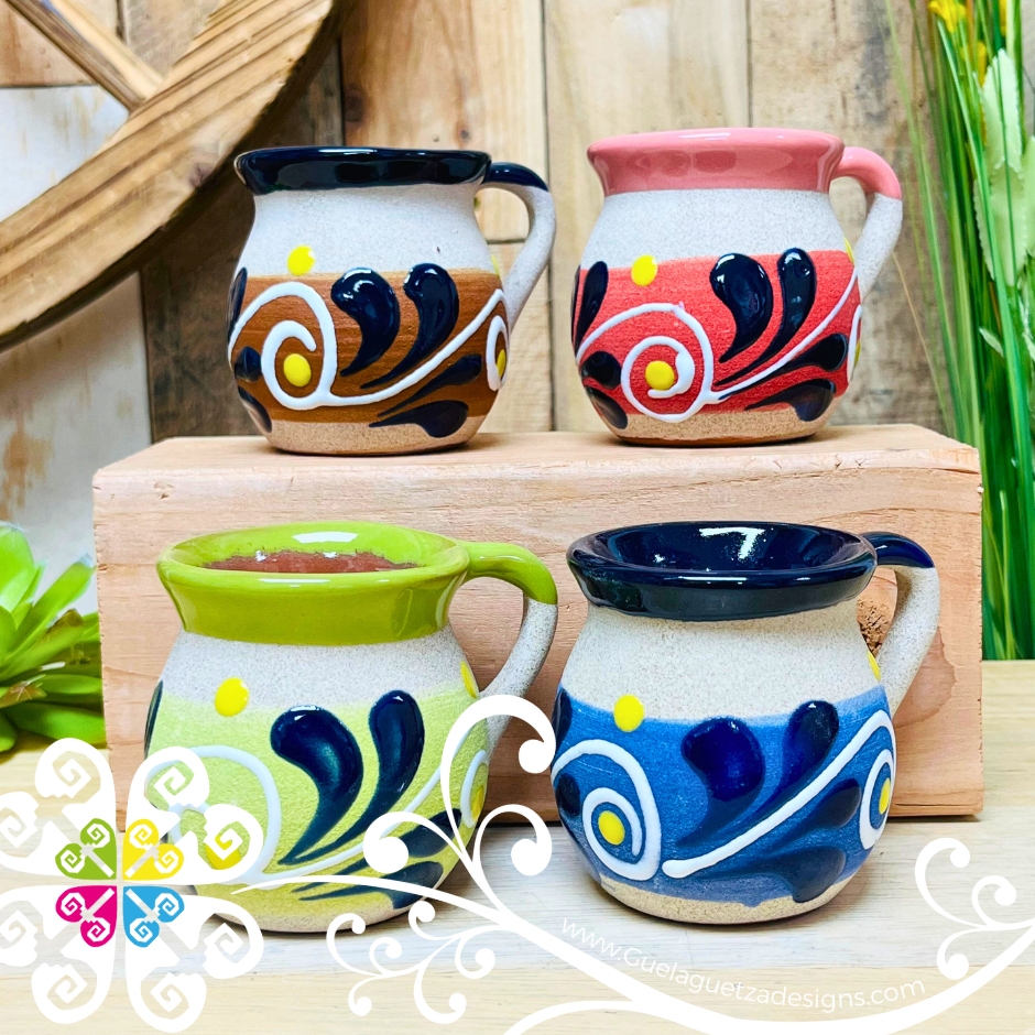 Set of 4 Small Mexican Feather Clay Mugs - Set Taza Barro