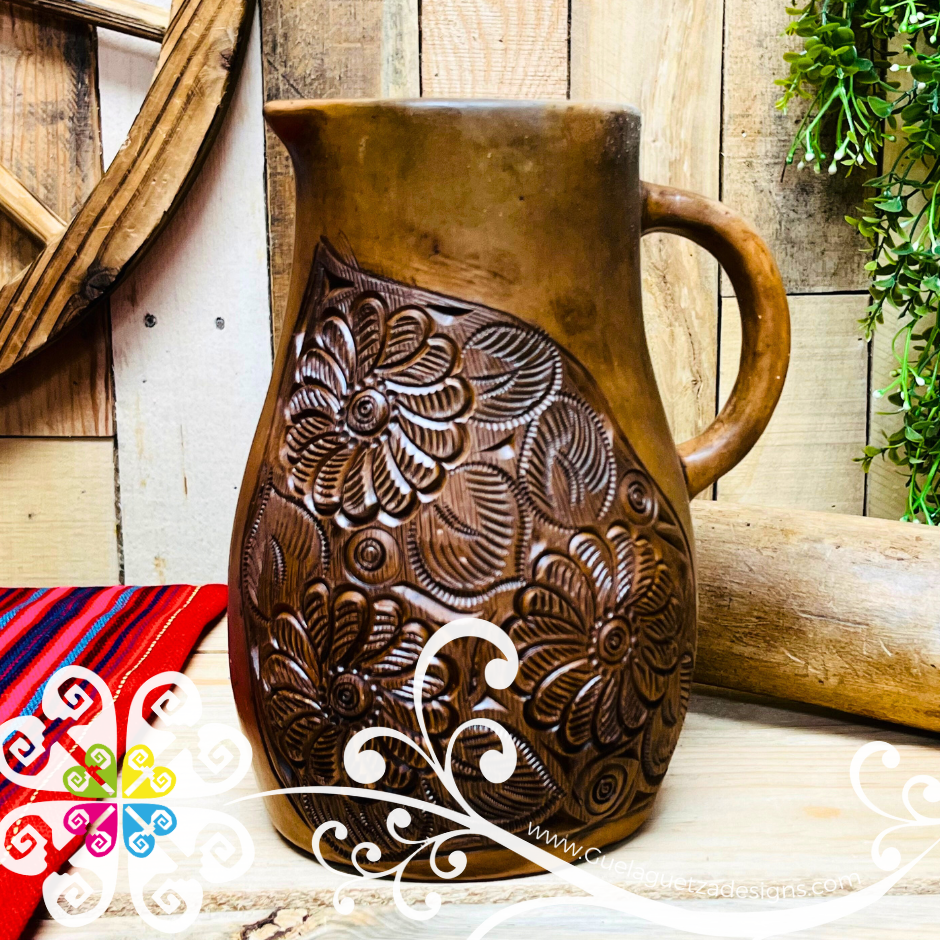 Elegant Carved Pitcher - Barro Café Oaxaca