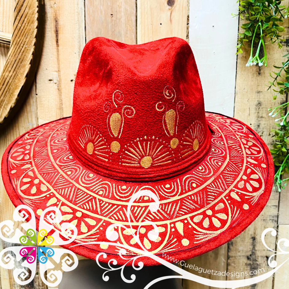 Wine Red Indiana Mitla Velvet Hat - Hand Painted Hat