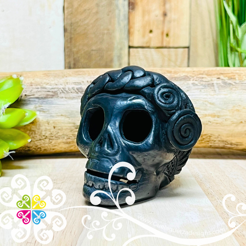 Small Frida Black Clay Skull - Barro Negro Oaxaca