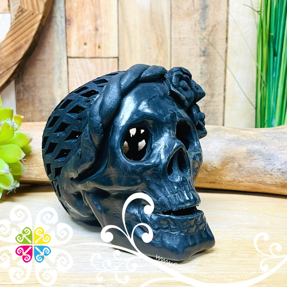 Medium Frida Skull  - Black Clay Oaxaca