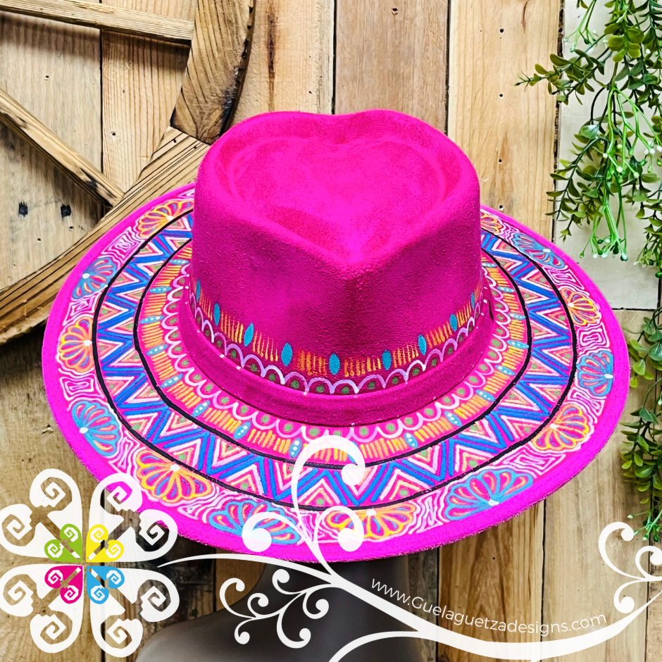 Fuchsia Heart Mitla Velvet Hat - Hand Painted Hat