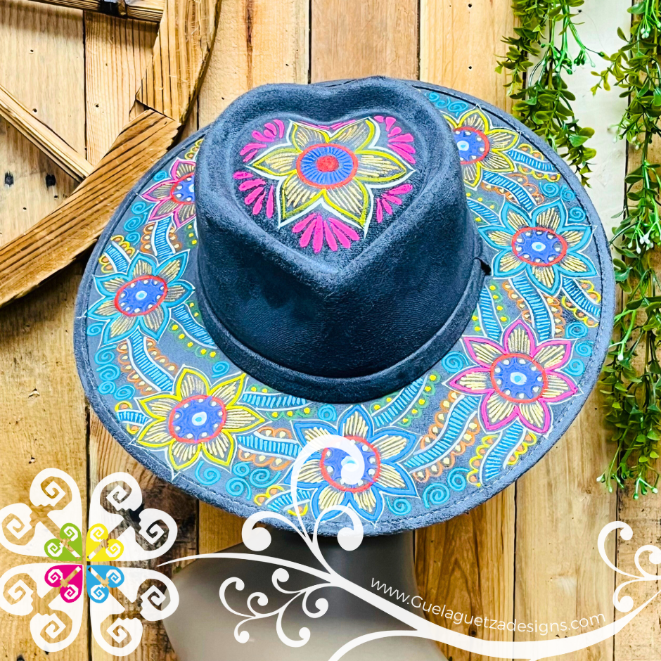 Dark Gray Heart Mitla Velvet Hat - Hand Painted Hat