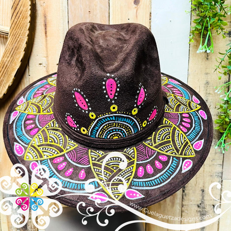 Dark Brown Indiana Mitla Velvet Hat - Hand Painted Hat