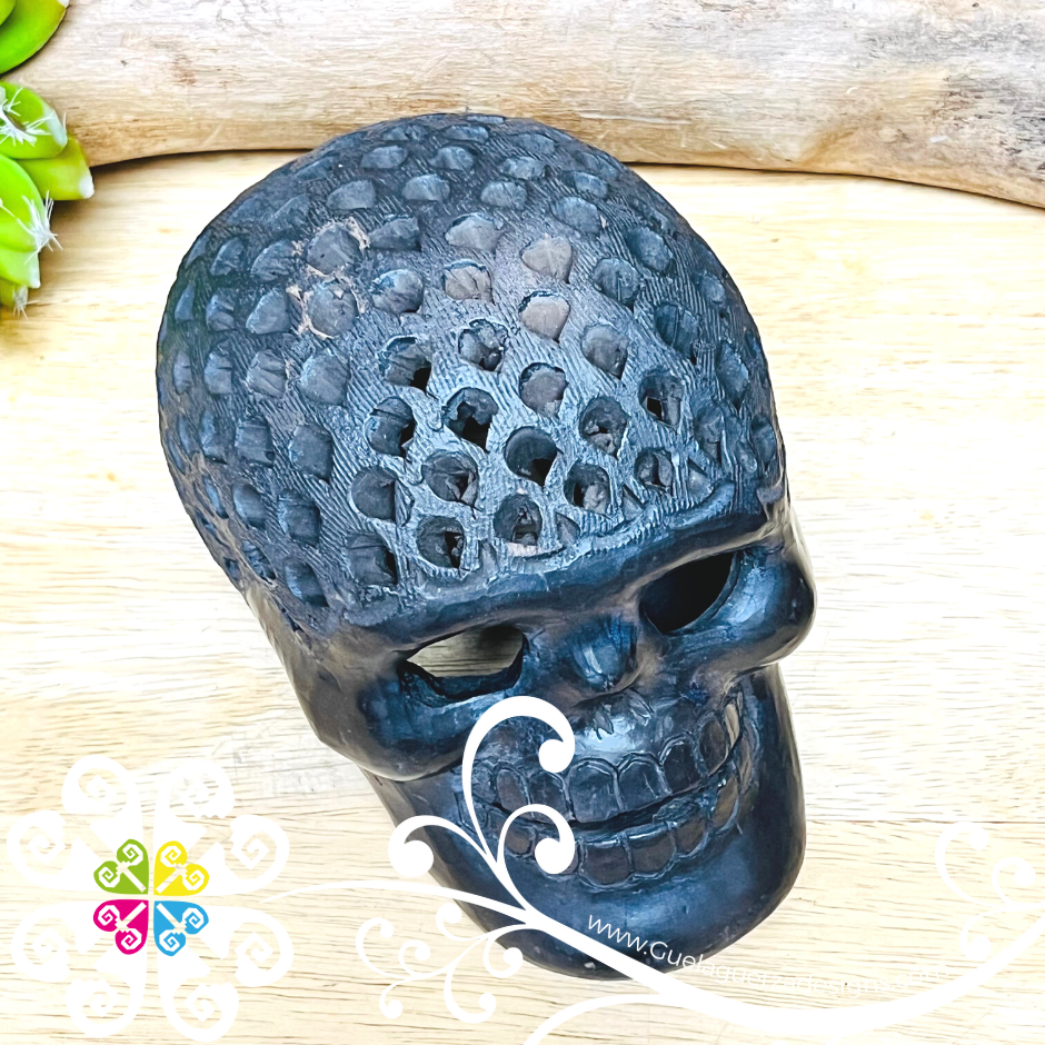 Large Calado Skull  - Black Clay Oaxaca