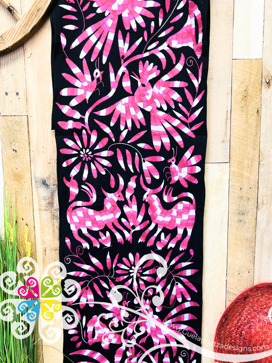 Large Black and Fuchsia Otomi Table Runner - Camino de Tenango