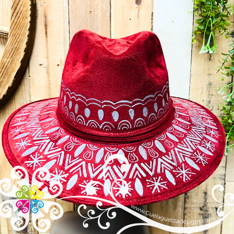 Burgandy Indiana Mitla Velvet Hat - Hand Painted Hat