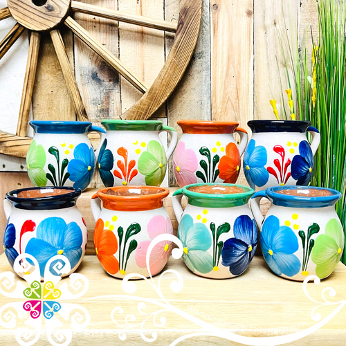 Set of 8 Flowers Decorated Mexican Clay Mugs - Jarrito Mexicano