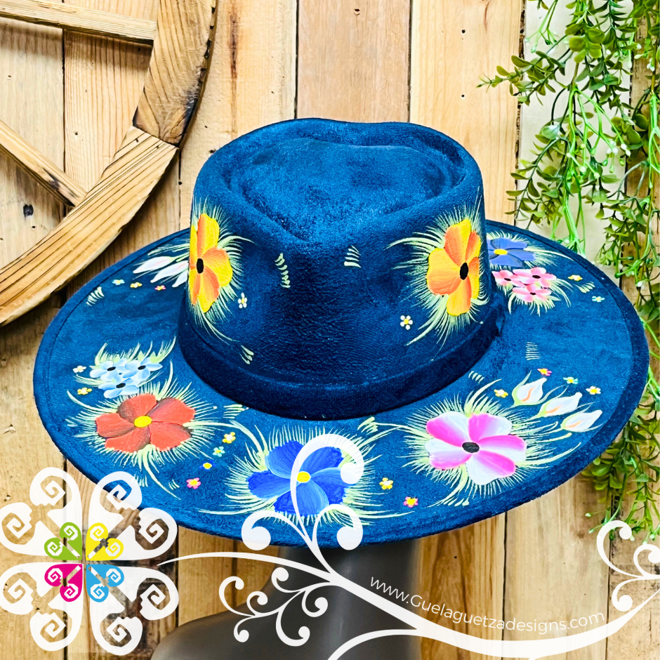 Navy Blue Heart Mitla Velvet Hat - Hand Painted Hat