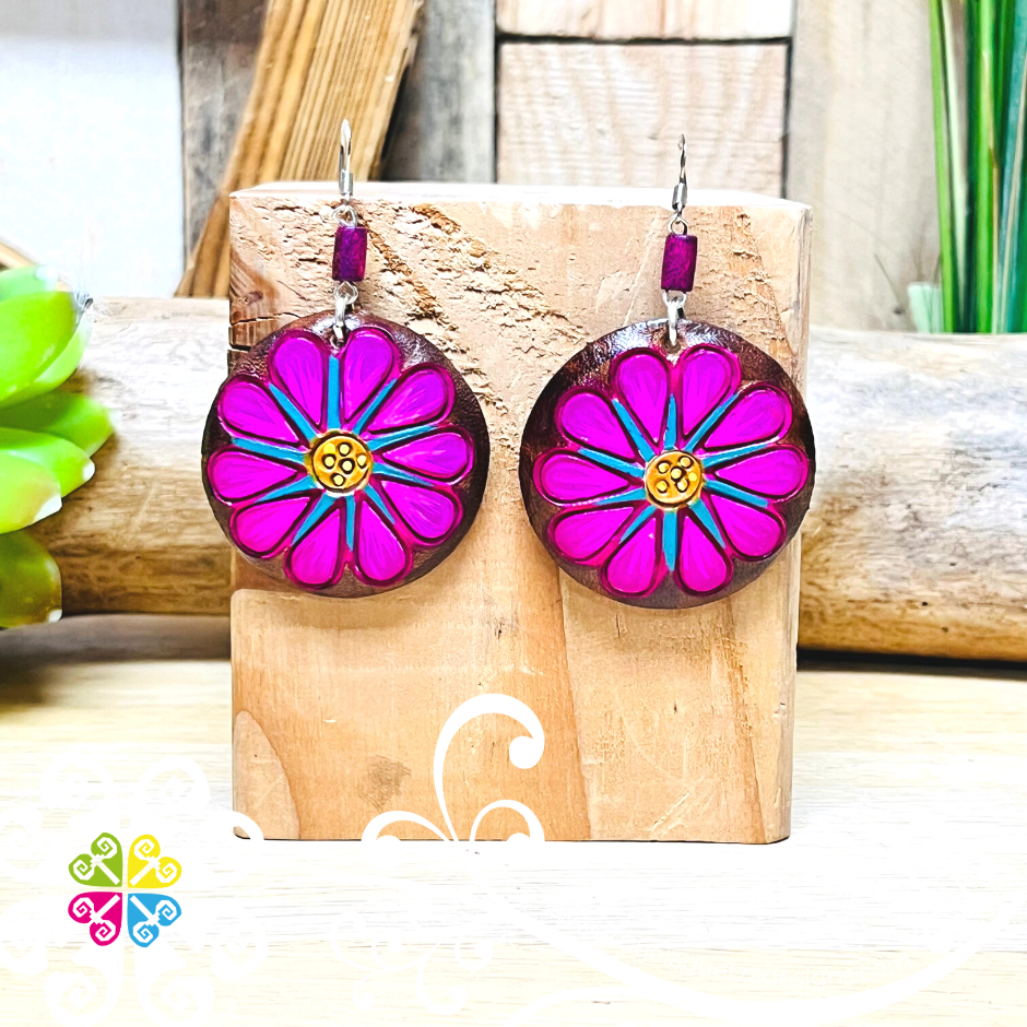 Round Flower - Artisan Leather Earrings