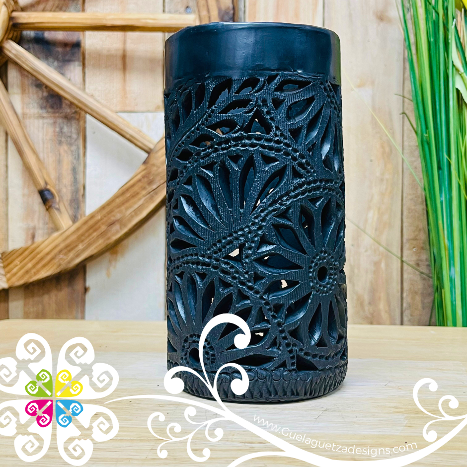 Medium Cylinder Clay Candle Holder - Barro Negro Oaxaca