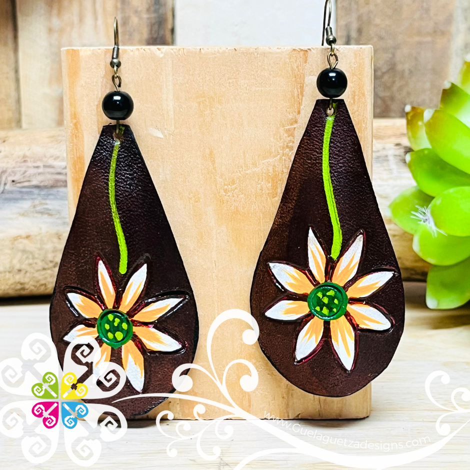 Flower Drop Hand Painted - Artisan Leather Earrings