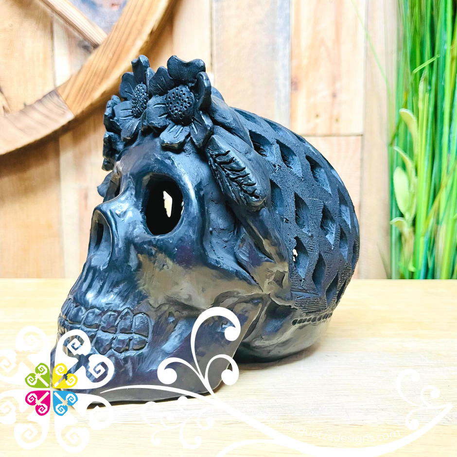 Medium Frida Skull  - Black Clay Oaxaca