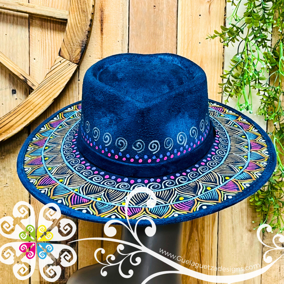 Navy Blue Heart Mitla Velvet Hat - Hand Painted Hat