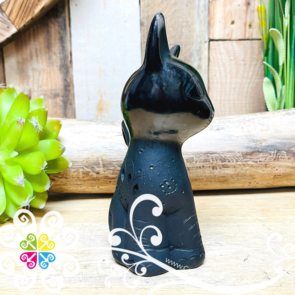 Small Cabezon Cat Black Clay Figure - Barro Negro Oaxaca