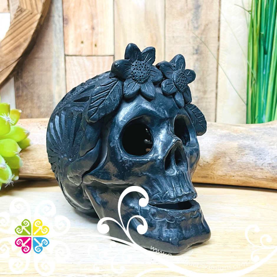 Medium Frida Skull  - Black Clay Oaxaca