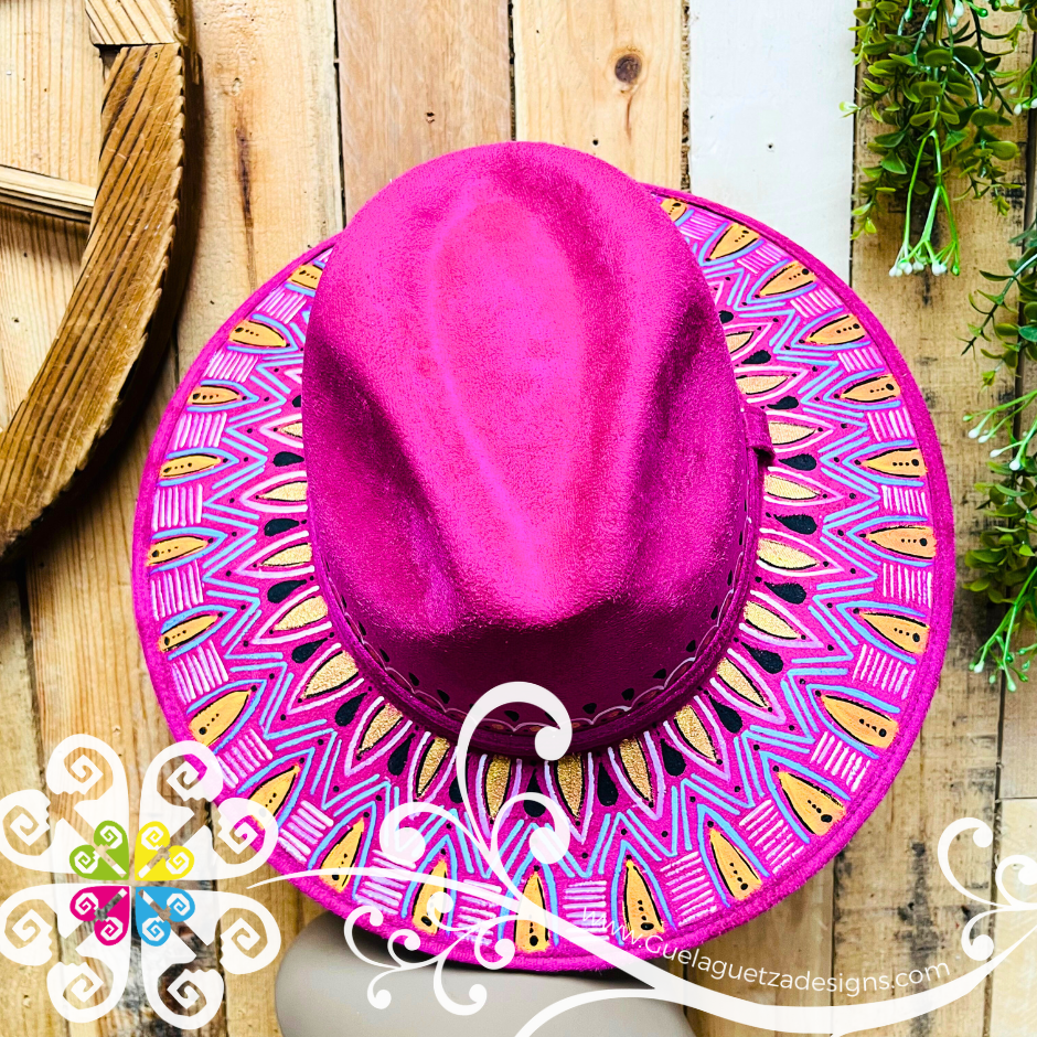 Fuchsia Indiana Mitla Velvet Hat - Hand Painted Hat