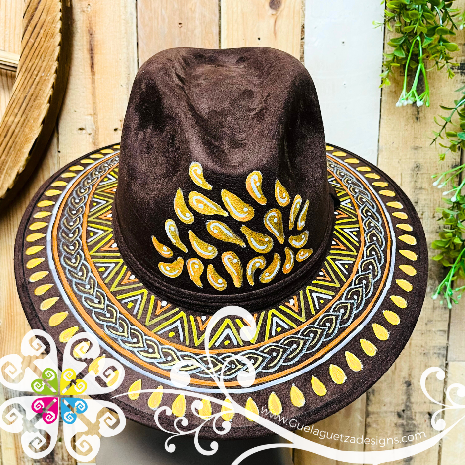 Dark Brown Indiana Mitla Velvet Hat - Hand Painted Hat