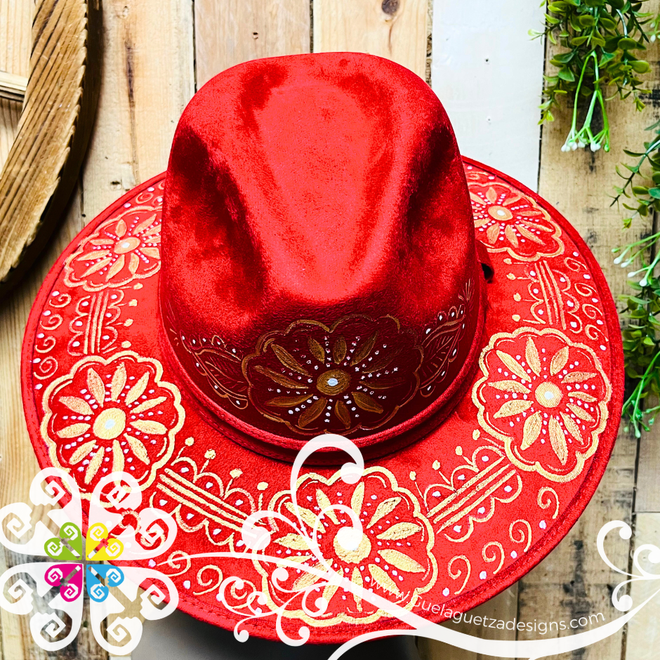 Wine Red Indiana Mitla Velvet Hat - Hand Painted Hat