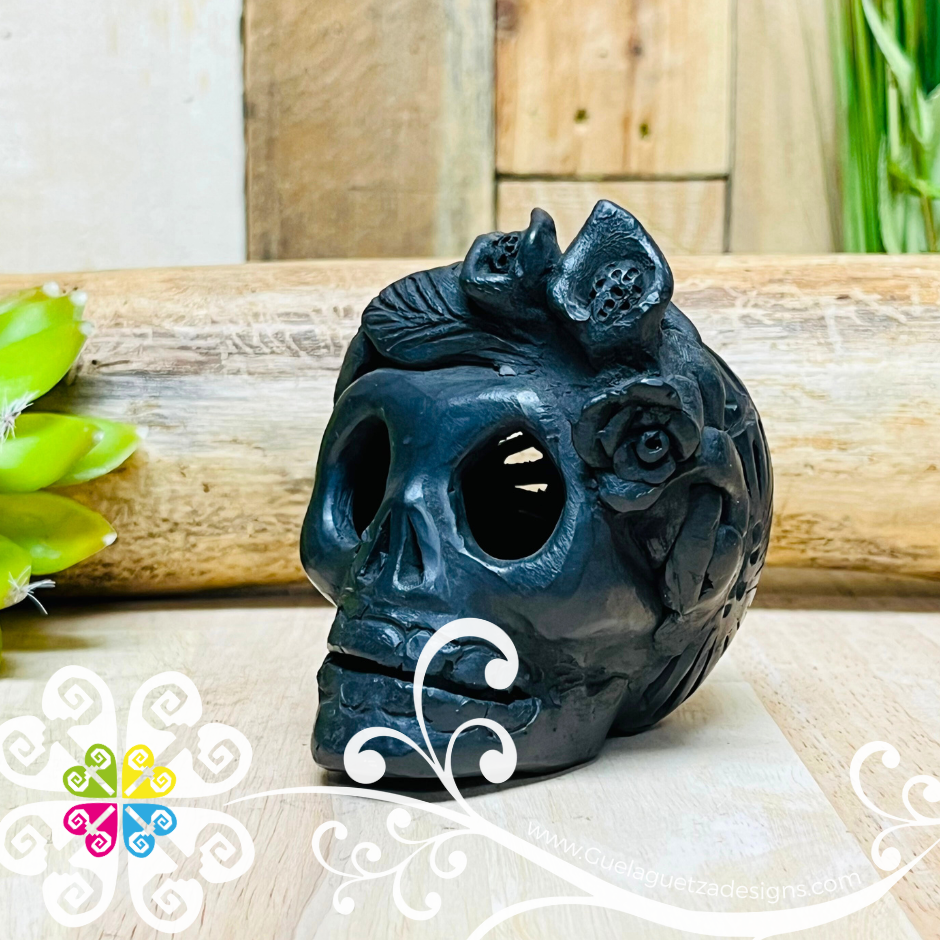 Small Frida Black Clay Skull - Barro Negro Oaxaca