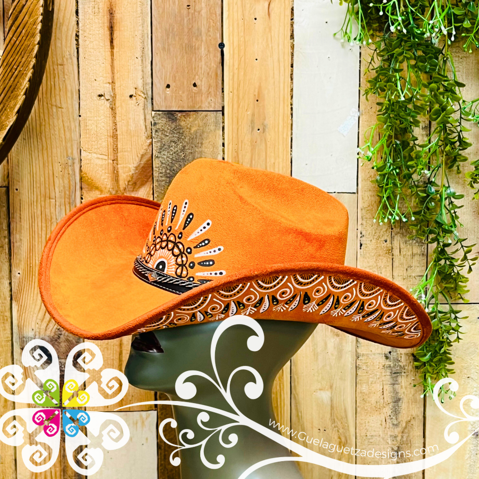 Bright Orange Mitla Cowboy Velvet Hat - Hand Painted Hat