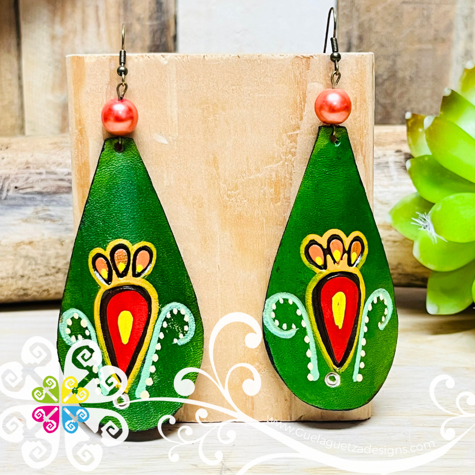 Flower Drop Hand Painted - Artisan Leather Earrings