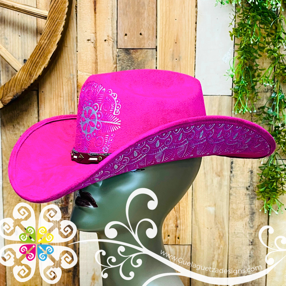 Fuchsia Mitla Cowboy Velvet Hat - Hand Painted Hat