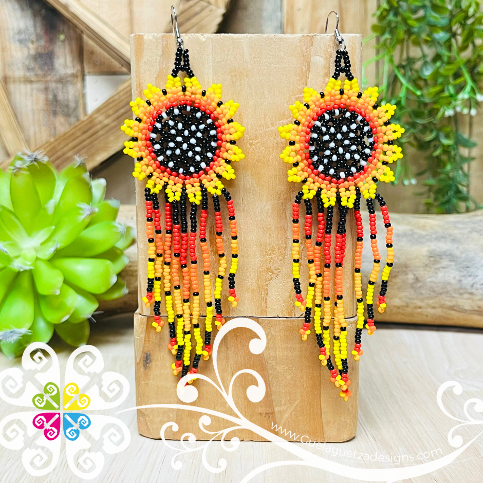 Beaded Sunflower Tassel Earrings