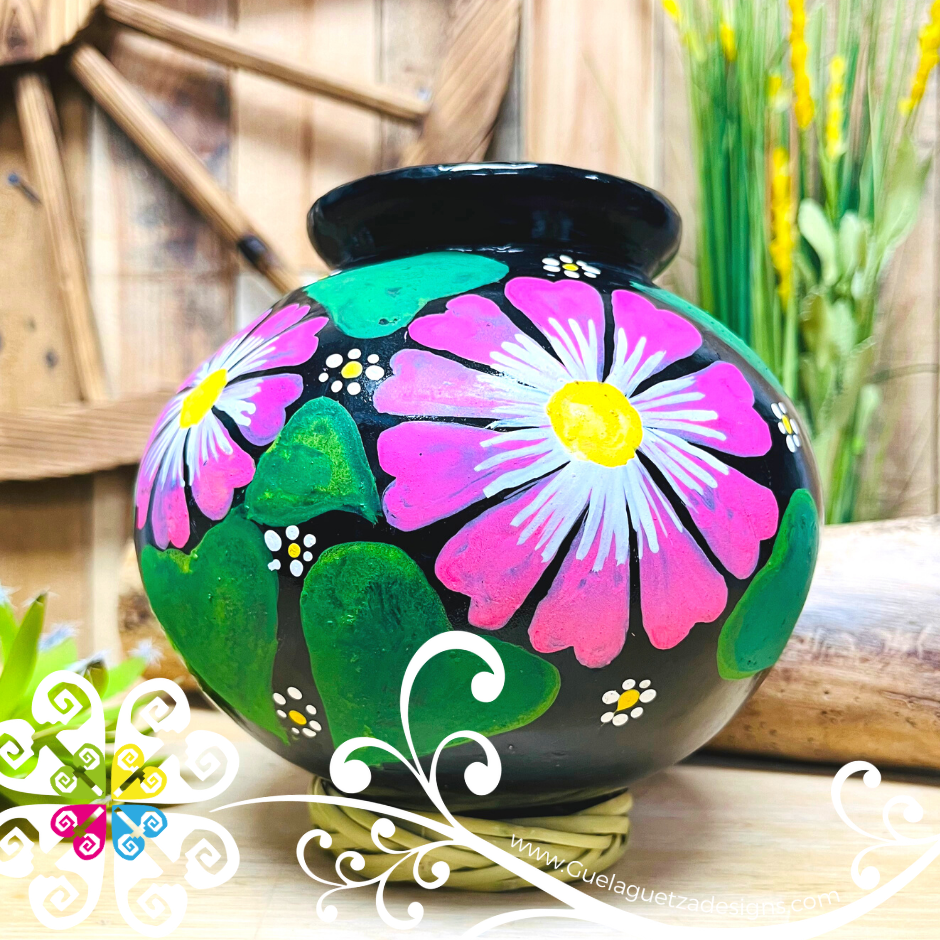 Medium Painted Cantarito Black Clay Vase - Barro Negro Oaxaca