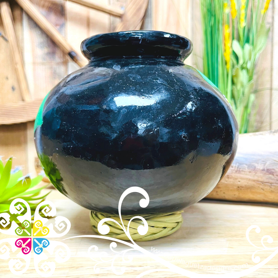 Medium Painted Cantarito Black Clay Vase - Barro Negro Oaxaca